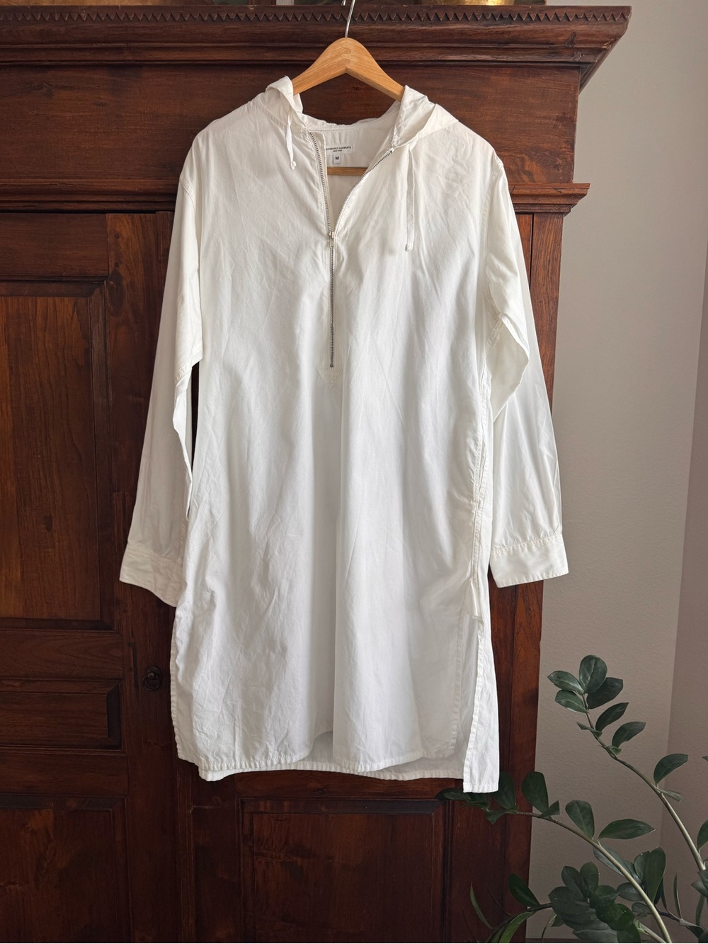 Engineered Garments White Hooded Long Shirt With Pockets Front Zip